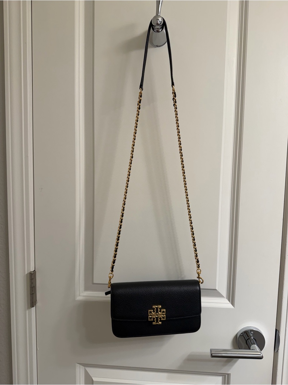 Tory Burch Britten Black Leather Crossbody Bag with Gold Chain/Wristlet/Clutch